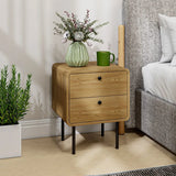HOMCOM Bedside Table with 2 Drawers and Steel Legs – Rounded Nightstand for Bedroom and Living Room, Oak