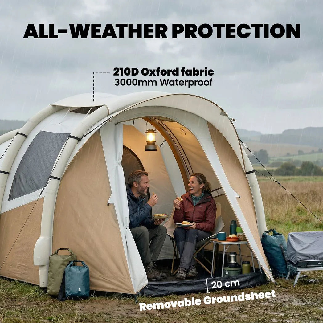 Outsunny 2-3 Person Inflatable Camping Tent with Air Pump, Bedroom & Living Room – Easy Setup Blow Up Tent, Khaki