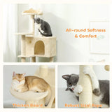 PawHut 140cm Large Cat Tree Tower with Sisal Scratching Posts, Plush Perches, Hammock & Cat Houses, Beige