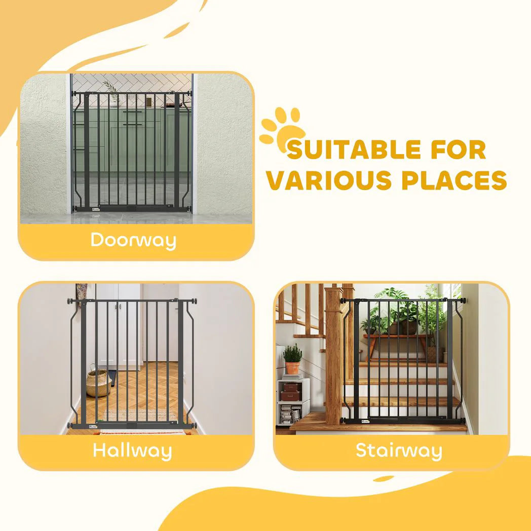 PawHut Extra Wide Pressure Fit Dog Gate with Double-Locking Door – Adjustable 75-85 cm Barrier, Black