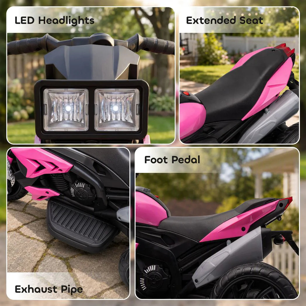 AIYAPLAY Kids Electric 3-Wheel Ride-On Motorbike with Horn, Headlights & Music – Toddler Battery Bike, Pink