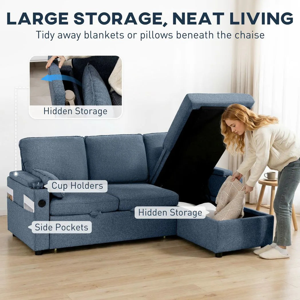 HOMCOM Corner Sofa Bed with Reversible Storage Chaise and USB Charging – L Shaped Sleeper, Blue