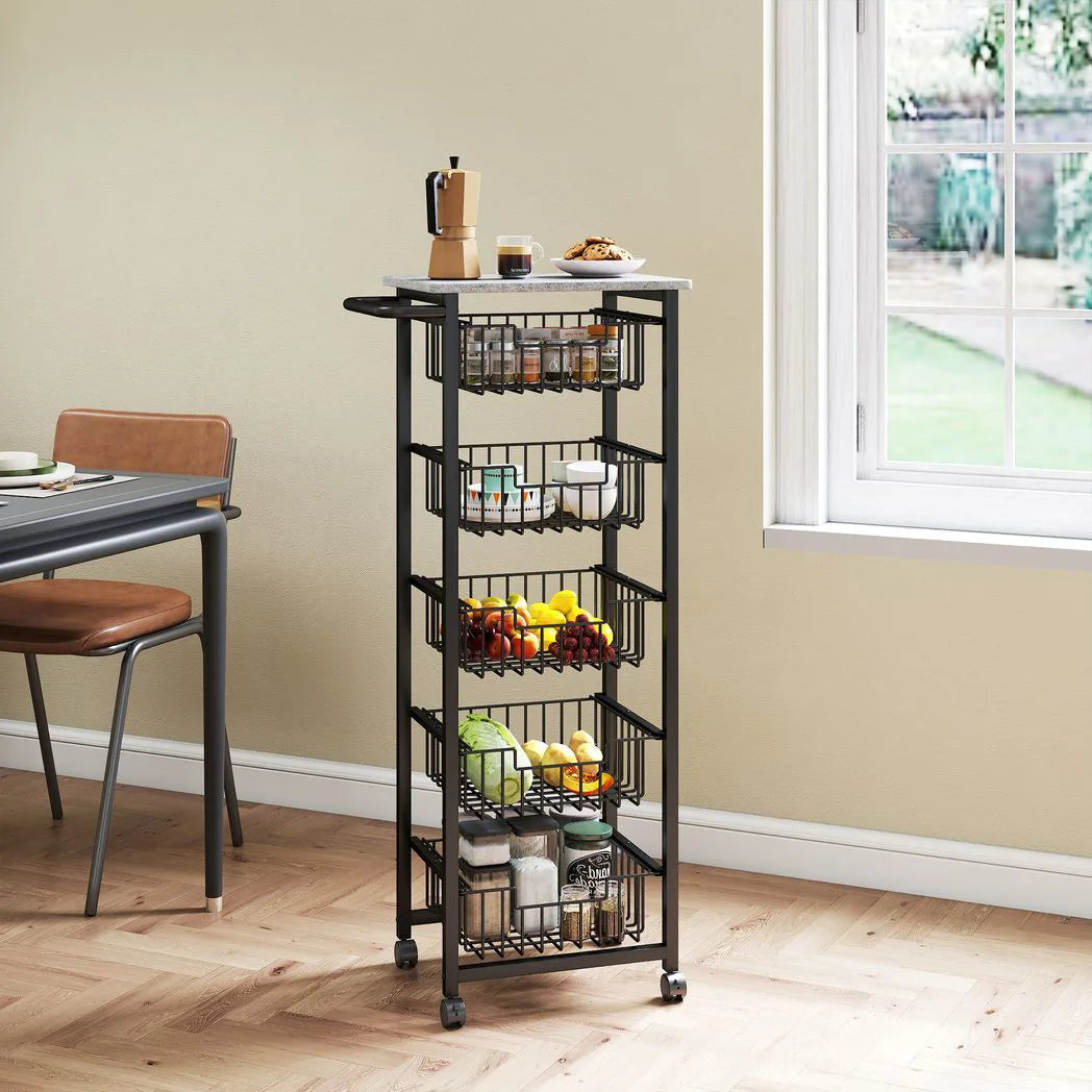 HOMCOM Five Basket Mobile Kitchen Island with Brakes – Storage Trolley, Marble-Effect Top, Grey and Black