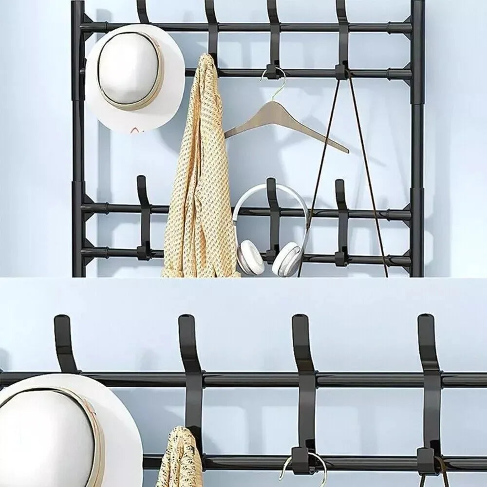 Metal Coat and Hat Stand with 8 Hooks & 5-Tier Shoe Rack, 60 x 26 x 170cm, Black