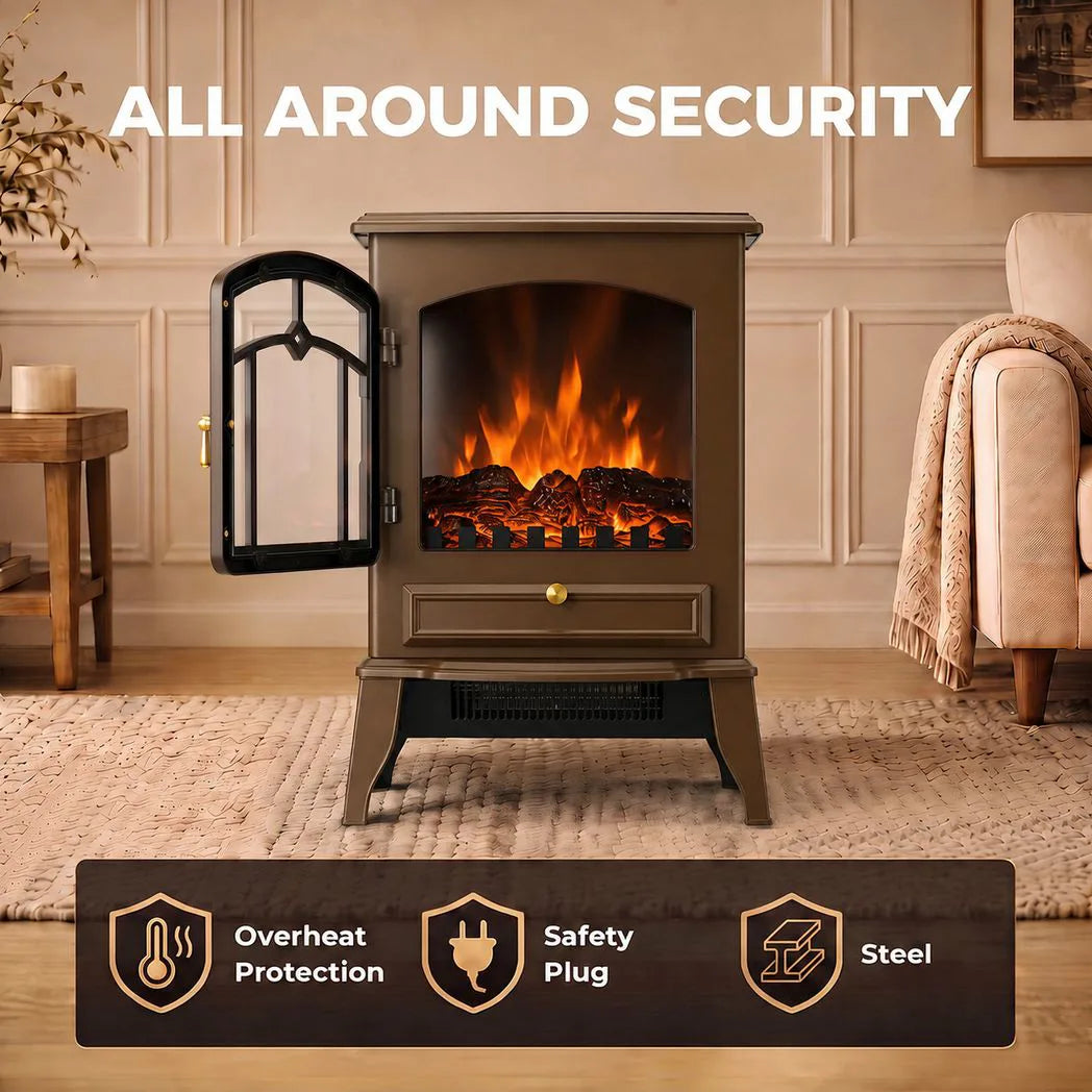 HOMCOM 3-Sided Electric Fireplace Stove, 1000W/2000W Freestanding Heater with 3D Flame Log – Brown