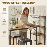 HOMCOM 3 Piece Breakfast Bar Table and Stools Set with 4-Tier Shelving and Wine Glass Racks, Rustic Brown
