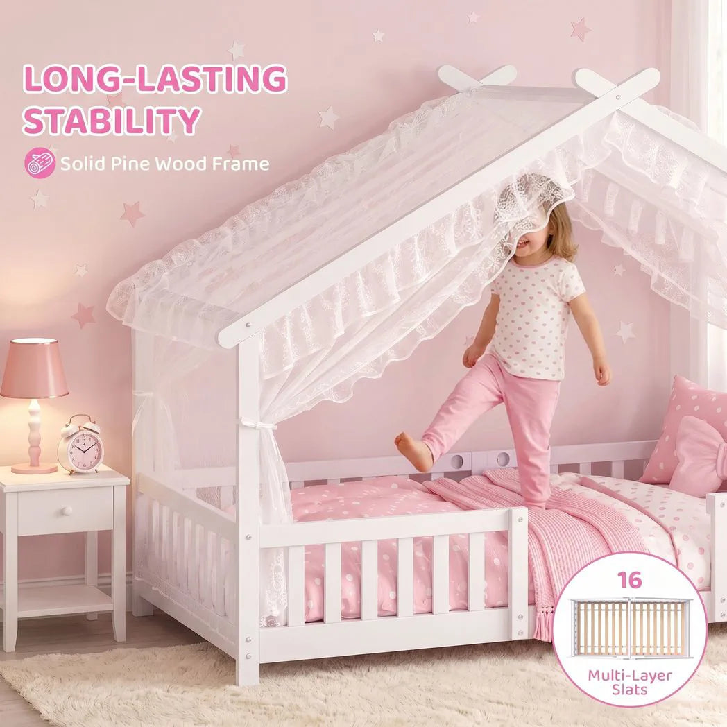 AIYAPLAY Wooden House Kids Single Bed with Dual Guardrails – Solid Pine, White, Fits 90 x 200 cm Mattress