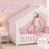 AIYAPLAY Wooden House Kids Single Bed with Dual Guardrails – Solid Pine, White, Fits 90 x 200 cm Mattress