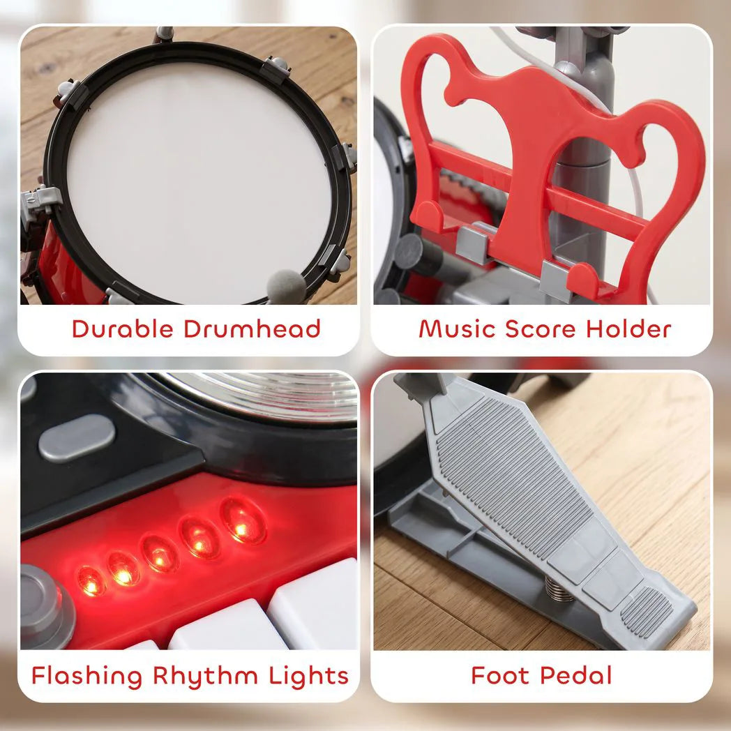 HOMCOM Kids Drum Set with Toy Microphone, Keyboard, Cymbals, Pedal & Stool – Educational Musical Toy for Beginners, Red