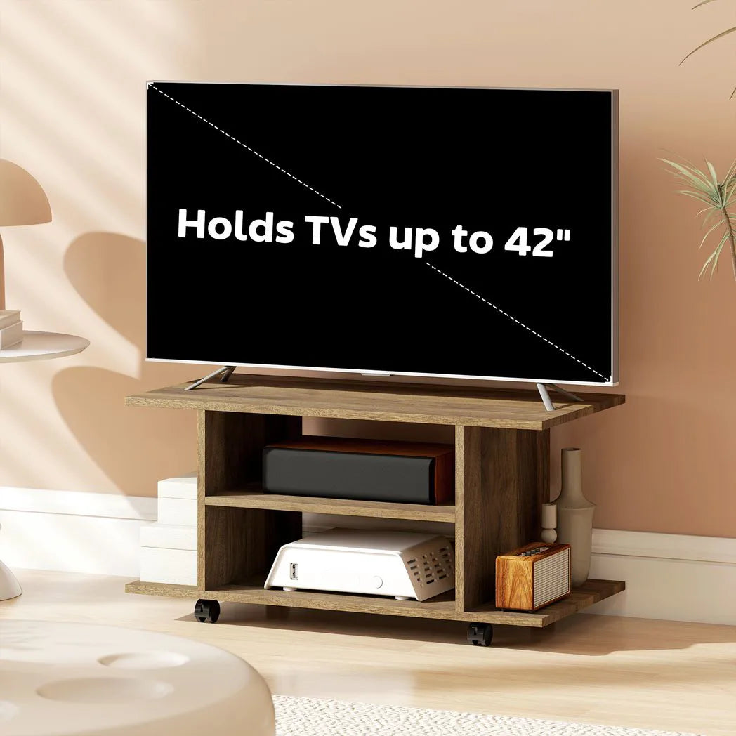 HOMCOM Modern Mobile TV Cabinet with Storage Shelves and 4 Casters, Bedroom Bookcase Unit – Walnut