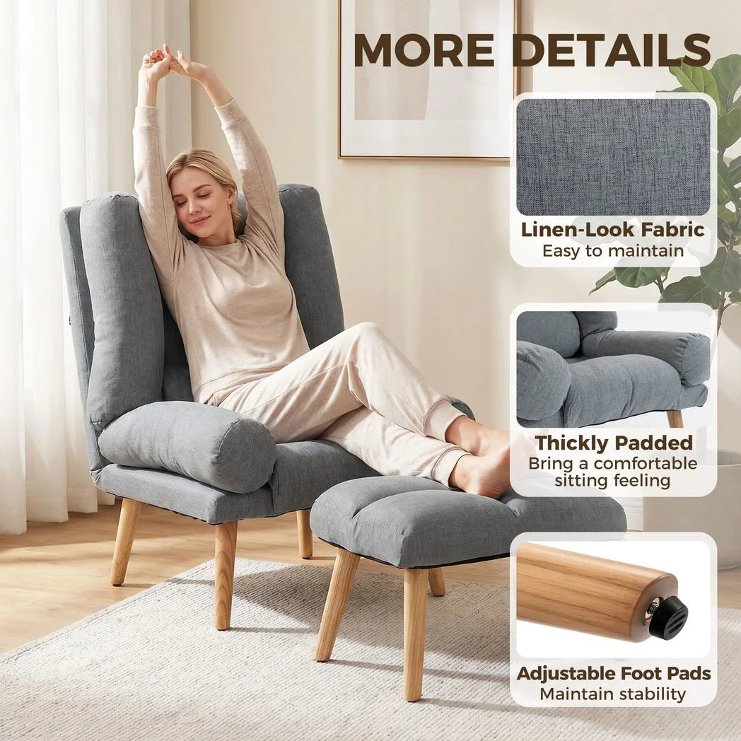 HOMCOM Recliner Chair with Footstool – Armchair with 3-Position Backrest and Wooden Legs, Grey