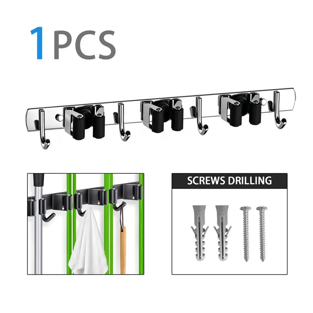 Wall-Mounted Broom & Mop Holder with 3 Slots and 4 Hooks – Stainless Steel Garage Tool Organiser, Silver