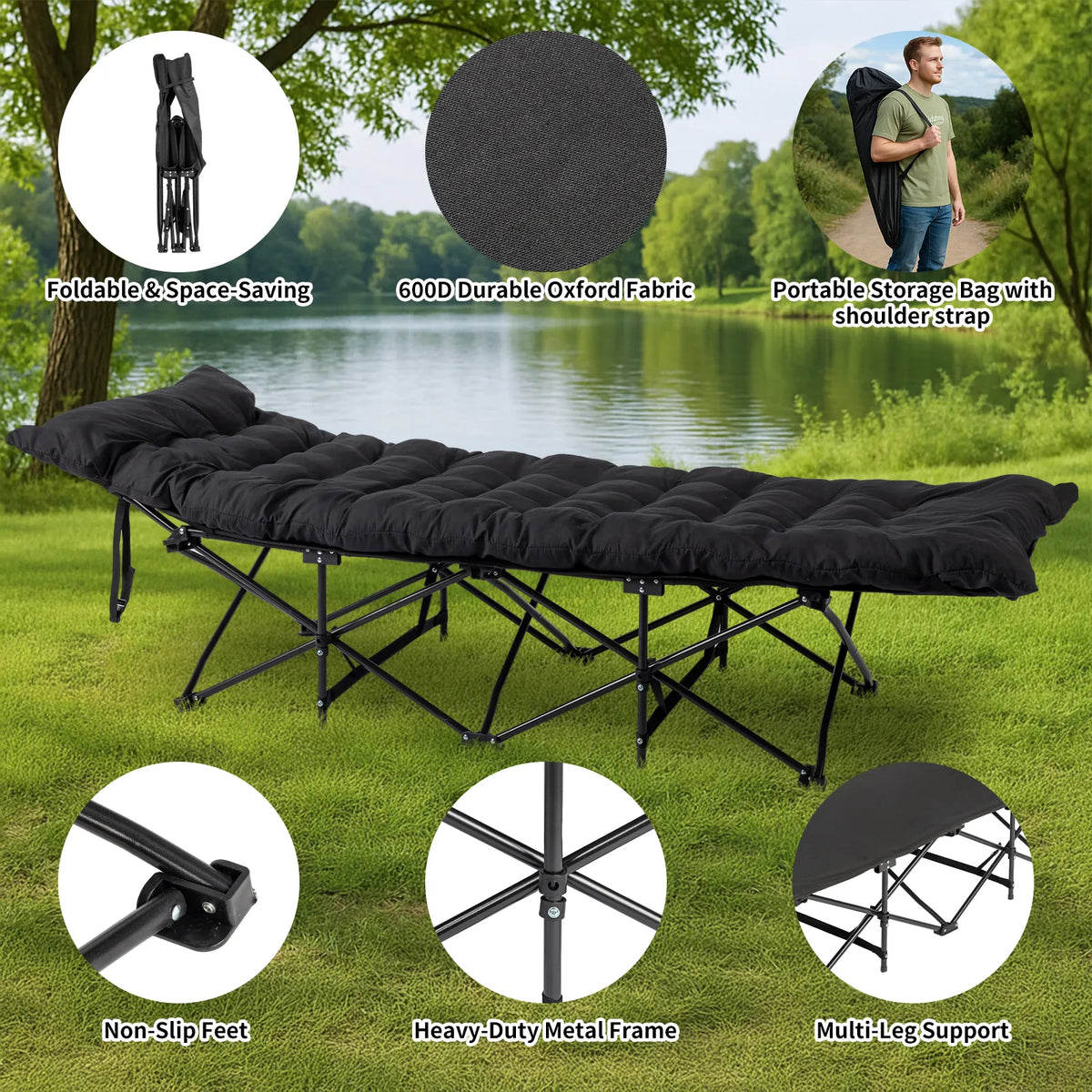 Folding Camping Cot Bed with Soft Mattress Pad – Portable Adult Sleeping Bed for Tent, Office Nap and Travel