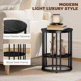 HOMCOM Set of 2 Round Marble-Effect Coffee Tables with Black Steel Legs and Bottom Shelf – Two-Tier