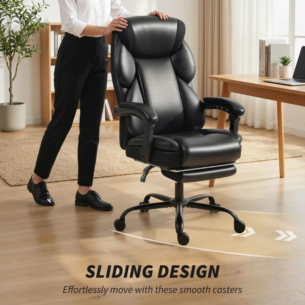 HOMCOM Reclining Office Chair with Footrest, Linkage Armrests and Casters – PU Leather Desk Chair, Black