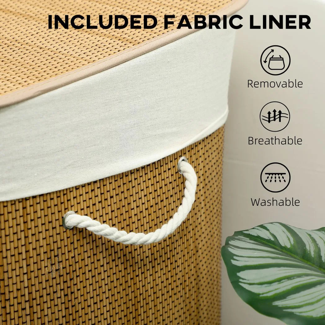 HOMCOM 144L Bamboo Laundry Basket with Lid, 3 Sections, Handles & Removable Washable Liner – Brown