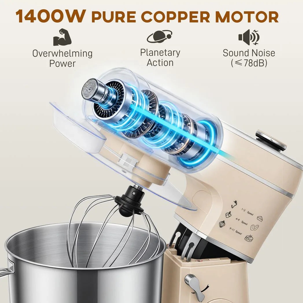 HOMCOM 6L 1400W Tilt-Head Stand Mixer with 11 Speeds, Pulse and Fermentation Function – LED Display, Cream