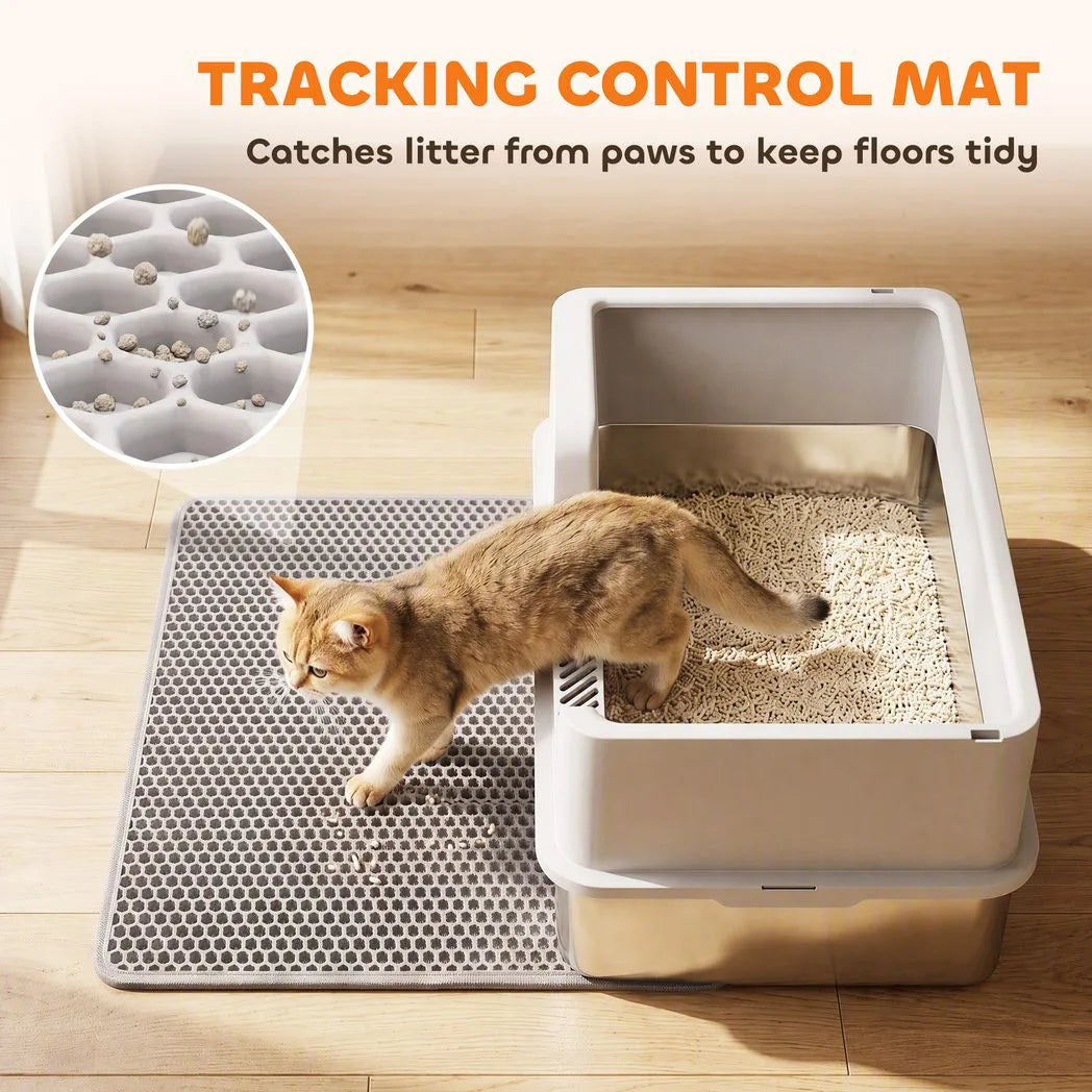 PawHut XL Stainless Steel Cat Litter Tray with Lid, Scoop and Mat – High-Sided Litter Box, Light Grey