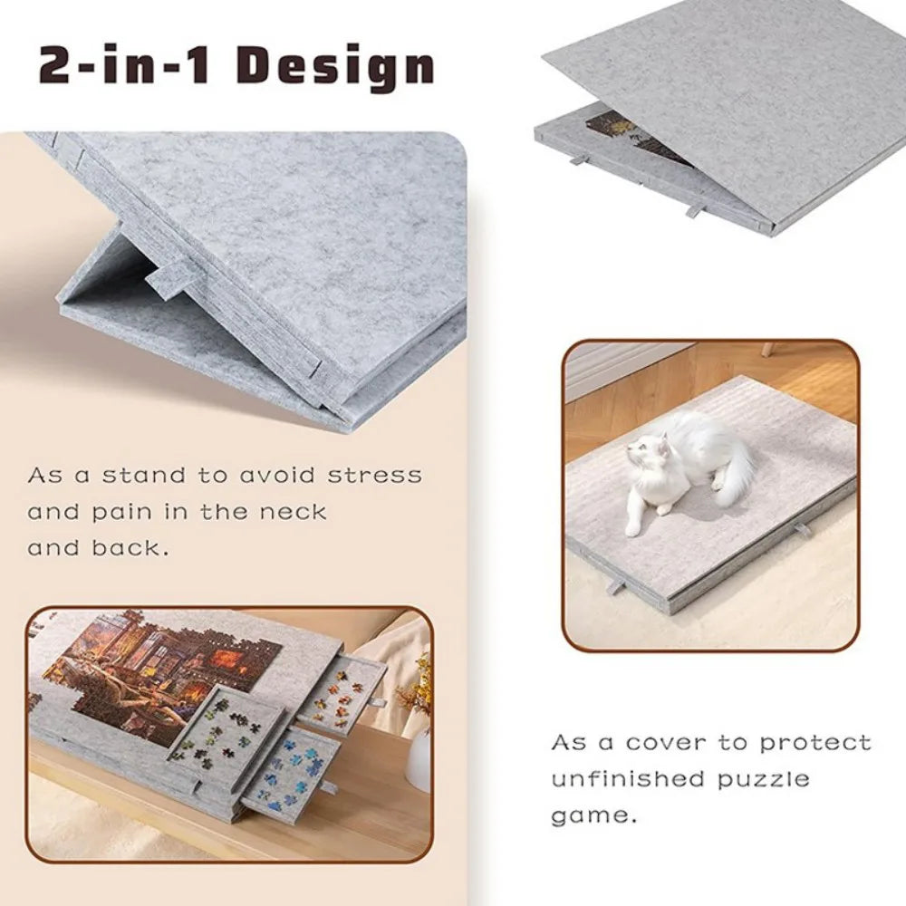 Felt Jigsaw Puzzle Board with 6 Drawers and Cover – Portable Storage Table for 1000 Pieces, Grey