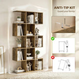 HOMCOM 5-Tier S-Shaped Geometric Bookcase with 15 Compartments – Slim Display Shelf with Anti-Tip Hardware, Rustic Brown