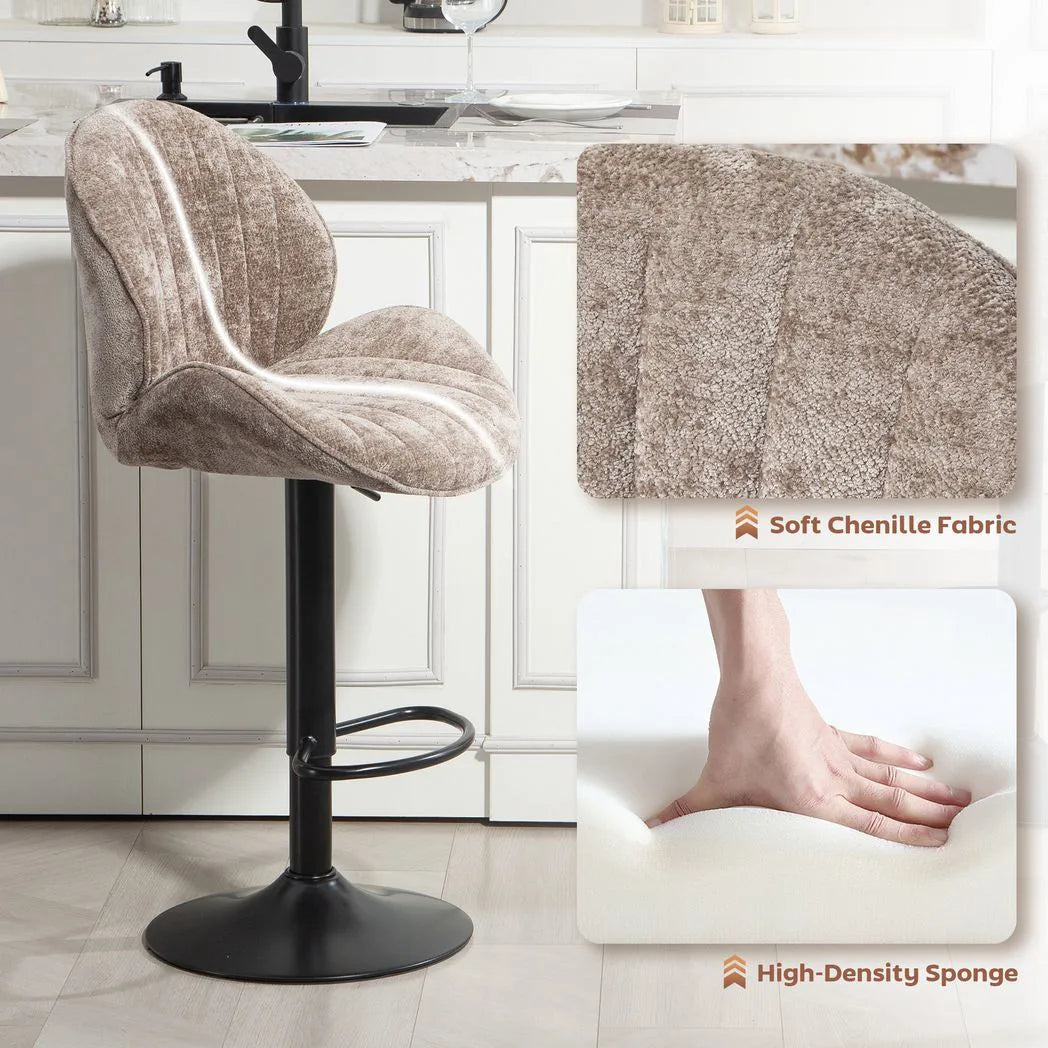 HOMCOM Set of 2 Swivel Bar Stools with Back, Footrest and Gas Lift Height Adjustment – Chenille Kitchen Island Stools, Brown