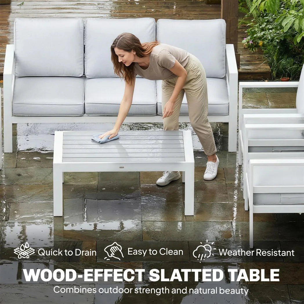 Outsunny 5 Piece Aluminium Garden Sofa Set with Extra Deep Olefin Cushions and Slatted Table – White