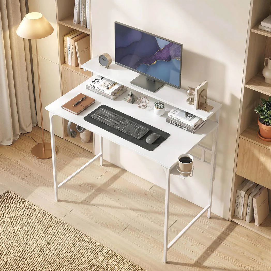 HOMCOM Computer Desk with Hutch Shelf, Cup Holder and Headphone Hook – 80cm Home Office Study Table, White