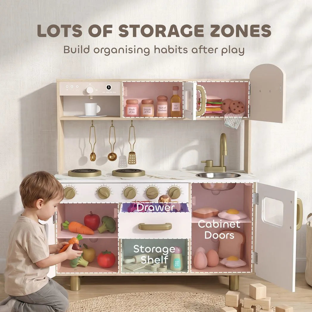 AIYAPLAY Play Kitchen with Rotating Coffee Machine, Stove and Storage Shelf – Kids Playset, Ages 3-6, White