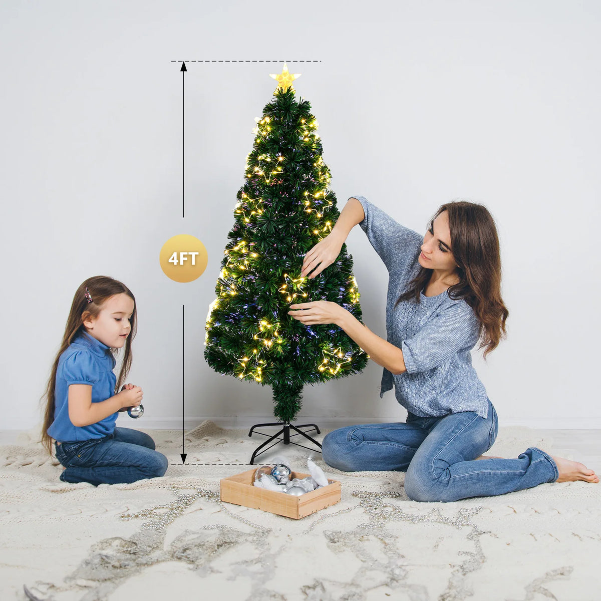 4ft Pre-Lit Fibre Optic Christmas Tree with Star Topper – 130 Branch Tips, Green