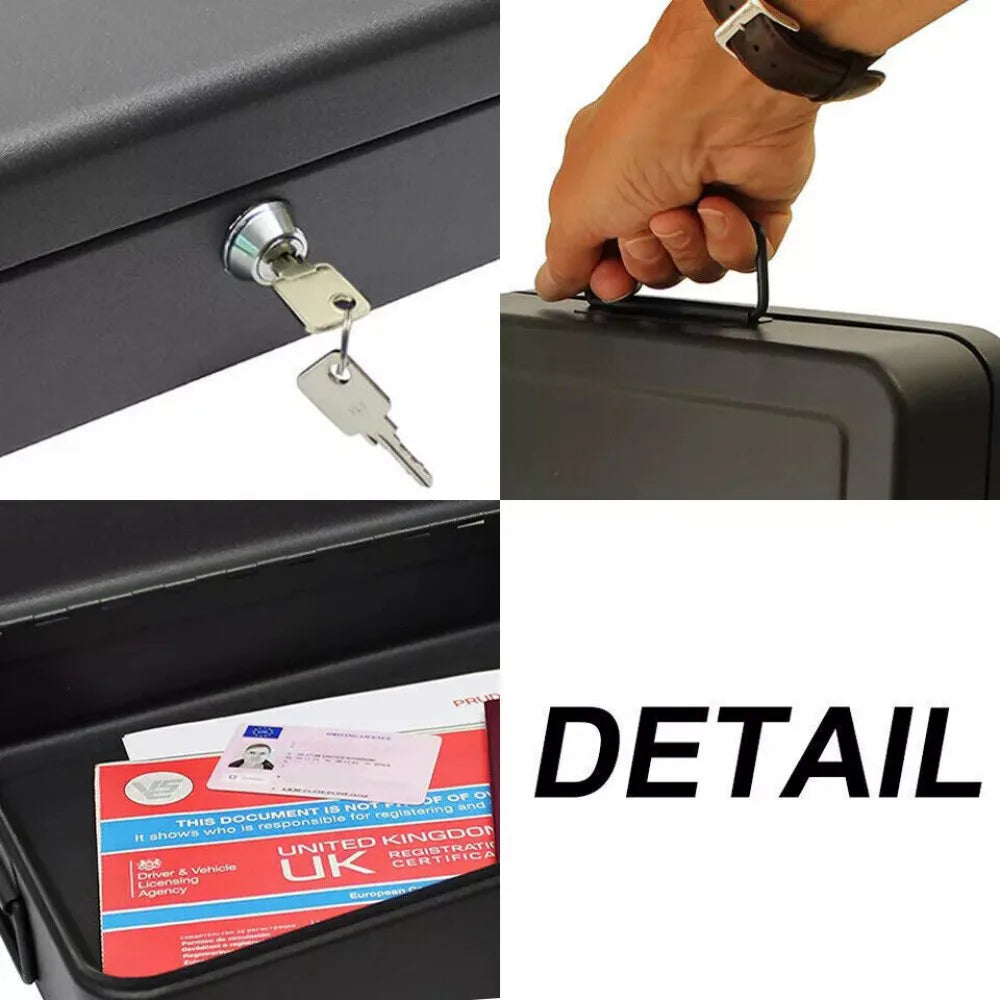 A4 Security Lock Box with Folding Carry Handle & 2 Keys – Powder-Coated Steel Cash and Document Safe Chest