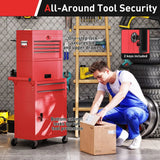 HOMCOM Three-Part Steel Locking Tool Chest with Wheels, 6 Drawers and Side Pegboard – Garage Storage, Red