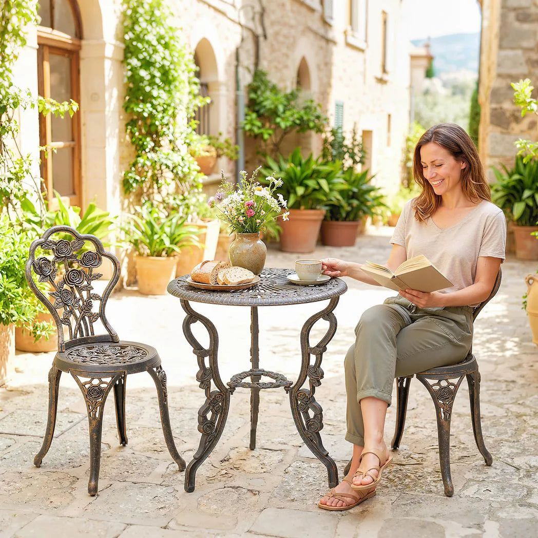 Outsunny 3 Piece Cast Aluminium Bistro Set with Parasol Hole – Antique Floral Table and 2 Chairs, Brown Tone