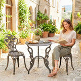 Outsunny 3 Piece Cast Aluminium Bistro Set with Parasol Hole – Antique Floral Table and 2 Chairs, Brown Tone