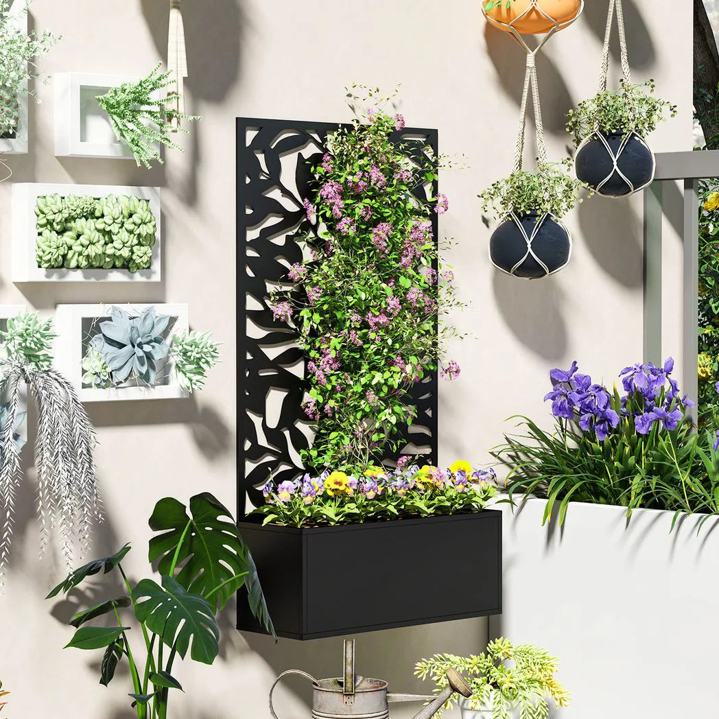 Outsunny Metal Raised Garden Bed with Trellis and Privacy Panel – Wall-Mounted or Freestanding Planter, Black