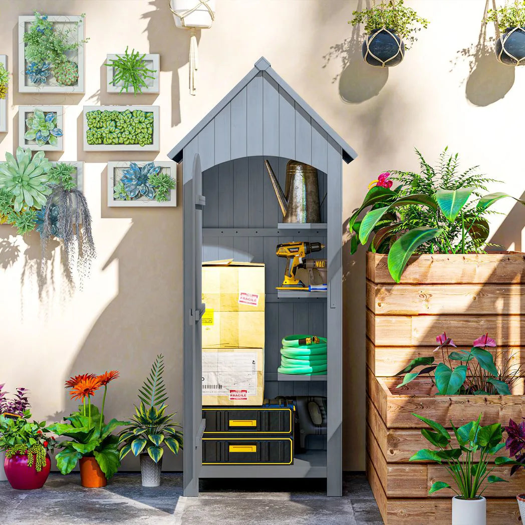 Outsunny Wooden Garden Storage Shed with 3 Shelves, Tilt Roof and Lockable Door – Outdoor Tool Cabinet, Grey