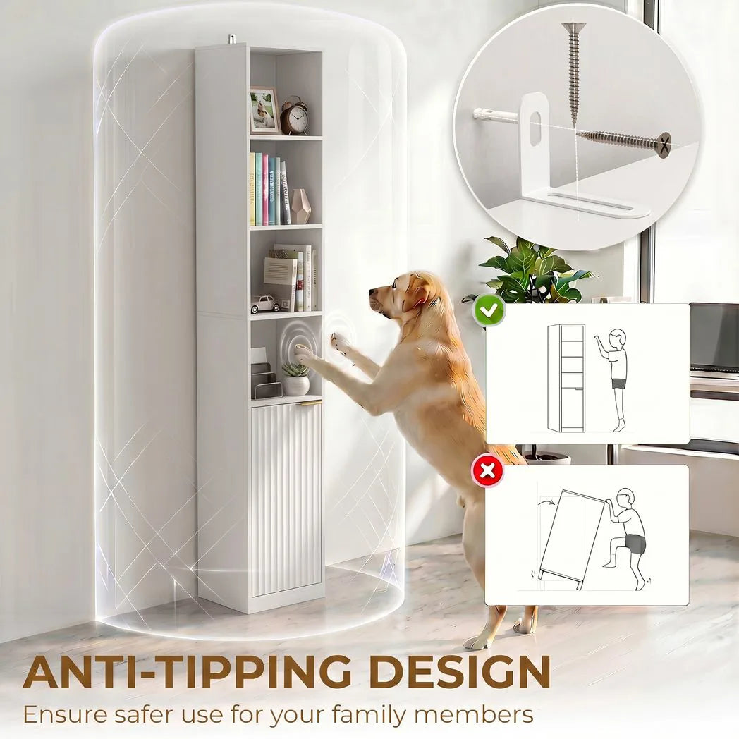 HOMCOM 6-Tier Bookcase with Adjustable Shelf, Cabinet and Anti-Tip Hardware – White Wood Effect