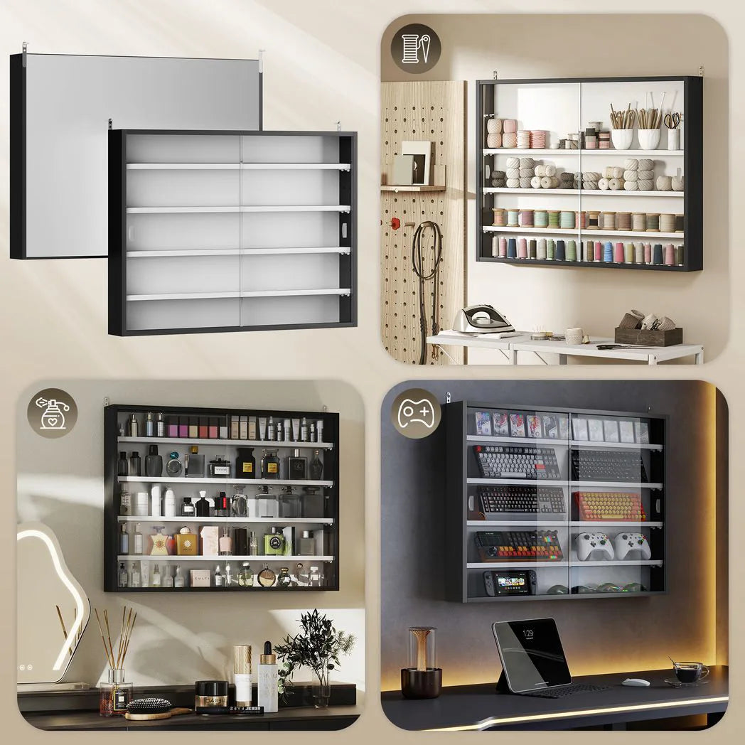 HOMCOM 5-Tier Wall-Mounted Display Cabinet with 4 Adjustable Shelves & Glass Doors, 60 x 80cm – Black and White