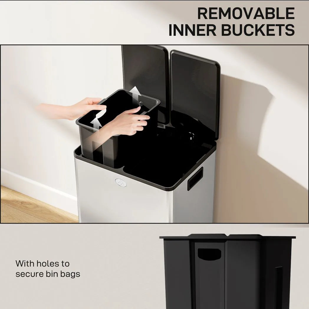 HOMCOM 56L Dual Compartment Pedal Bin with Deodoriser Holders & Soft-Close Lid – Stainless Steel