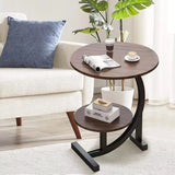 C-Shaped Side Table with Wood-Grain Top and Iron Legs – Slide-Under Sofa and Bedside Table, Walnut