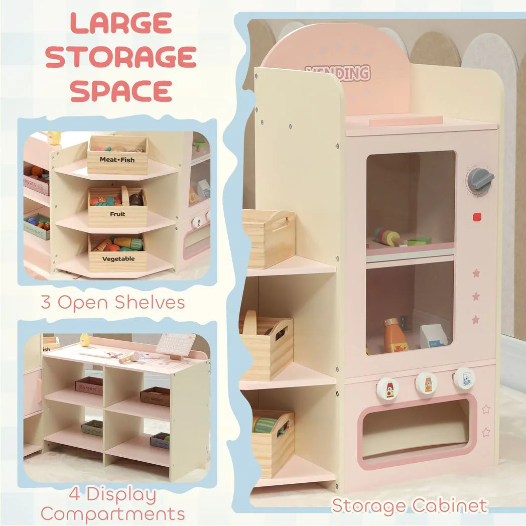 AIYAPLAY Kids Grocery Store Playset with Cash Register, Vending Machine & Shelves – Pretend Supermarket