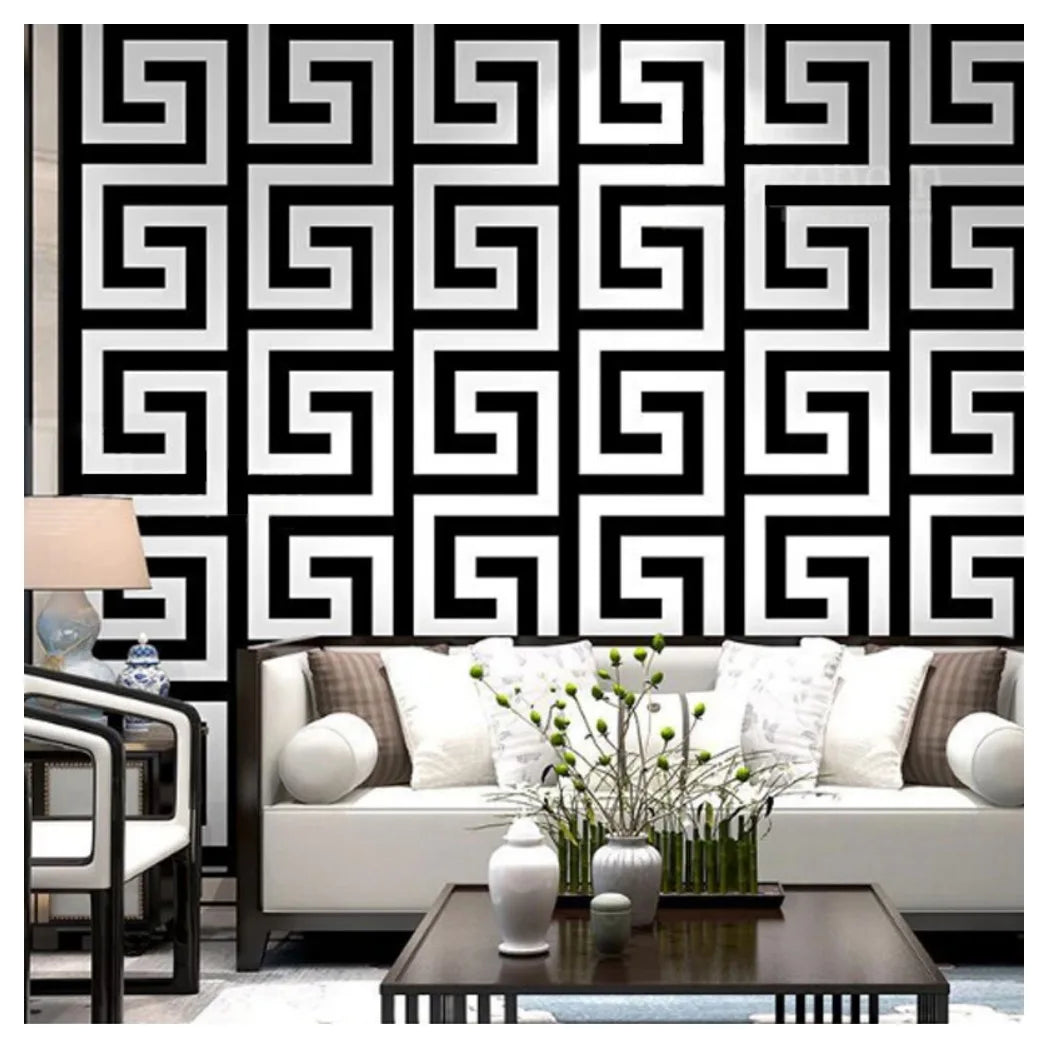 Debona Athena Greek Key Metallic Glitter Wallpaper, White and Black – 10m Roll
