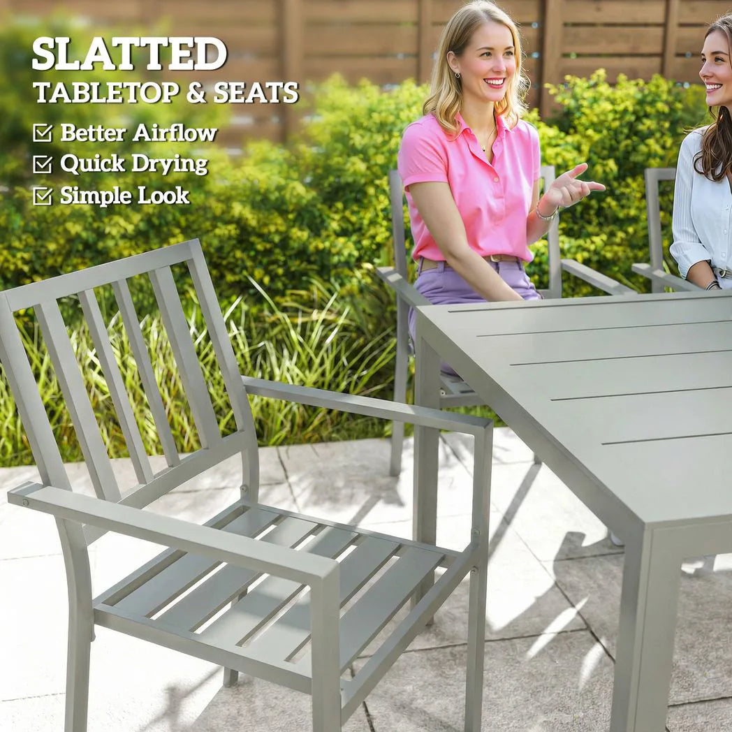Outsunny 7 Piece Garden Dining Set – 152cm Steel Table with Parasol Hole and 6 Stackable Armchairs, Light Grey