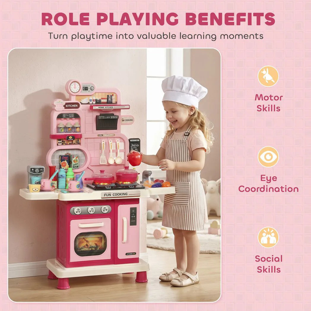 AIYAPLAY 33-Piece Play Kitchen with Lights, Sounds, Storage and Circulating Water Sink – Ages 3-6, Pink