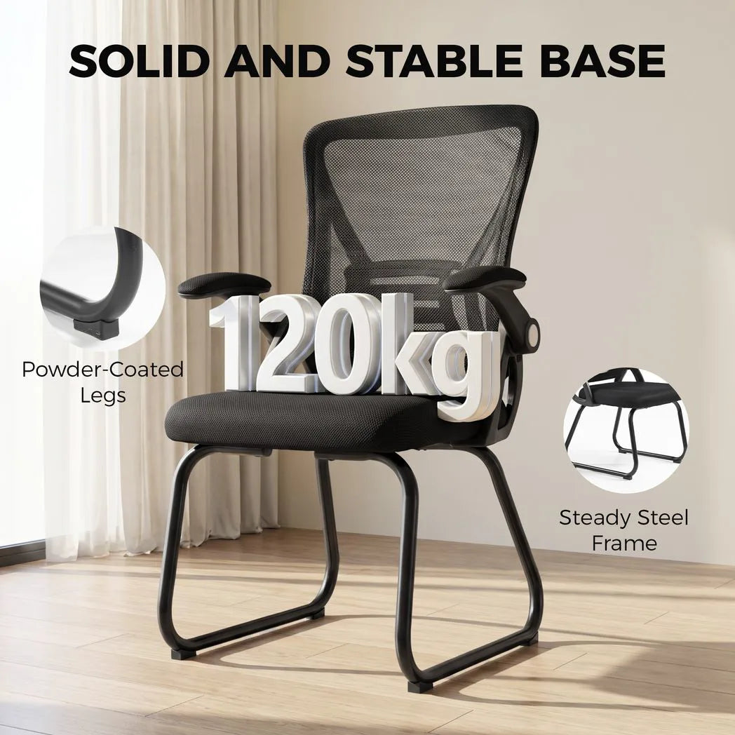 HOMCOM Reception Chair with Mesh Backrest and Flip-Up Armrests – Wheelless Office Chair, Steel Legs, Black