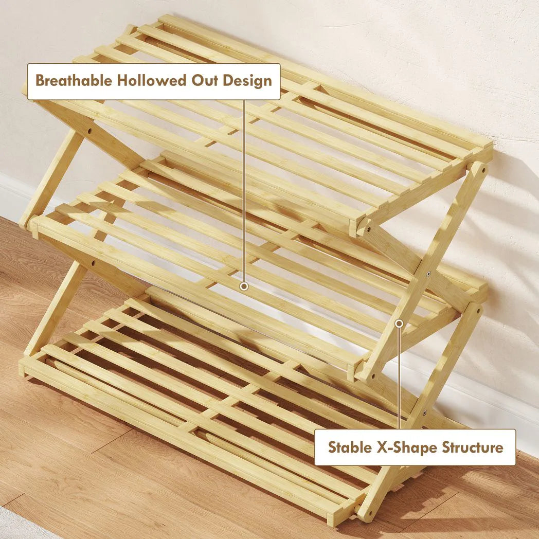 HOMCOM 3-Tier Folding Bamboo Shoe Rack – Holds 9 Pairs, No Assembly, Natural