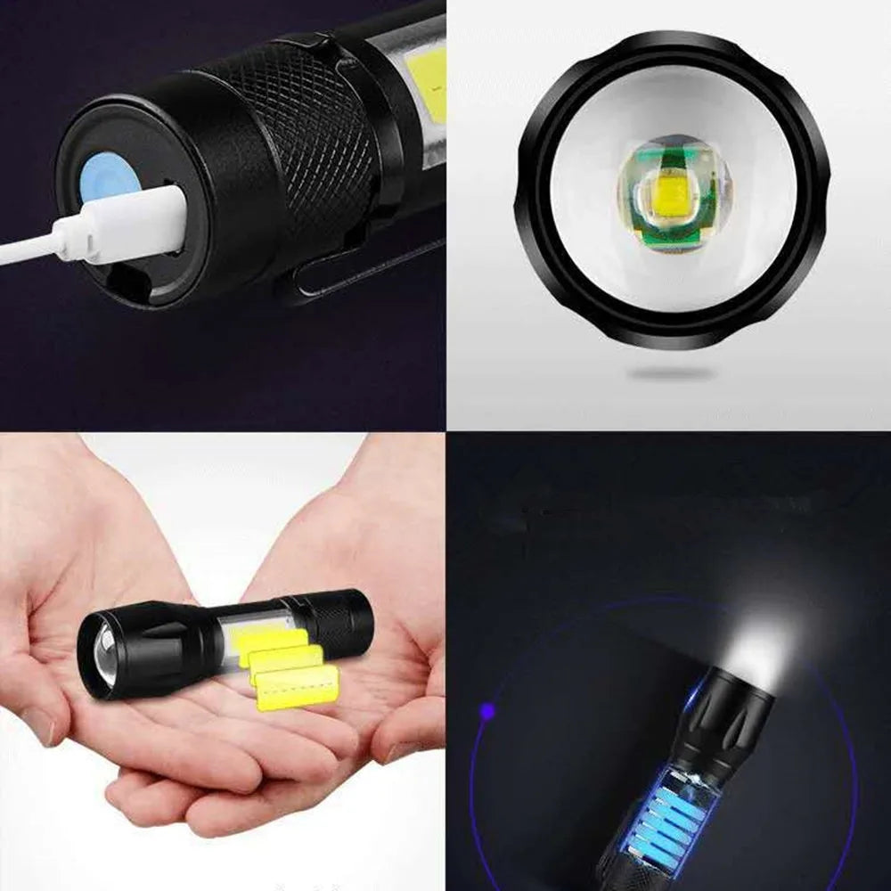 2 Pack USB Rechargeable Mini LED Flashlights with Adjustable Zoom and 3 Modes – Camping and Work Torches, Black