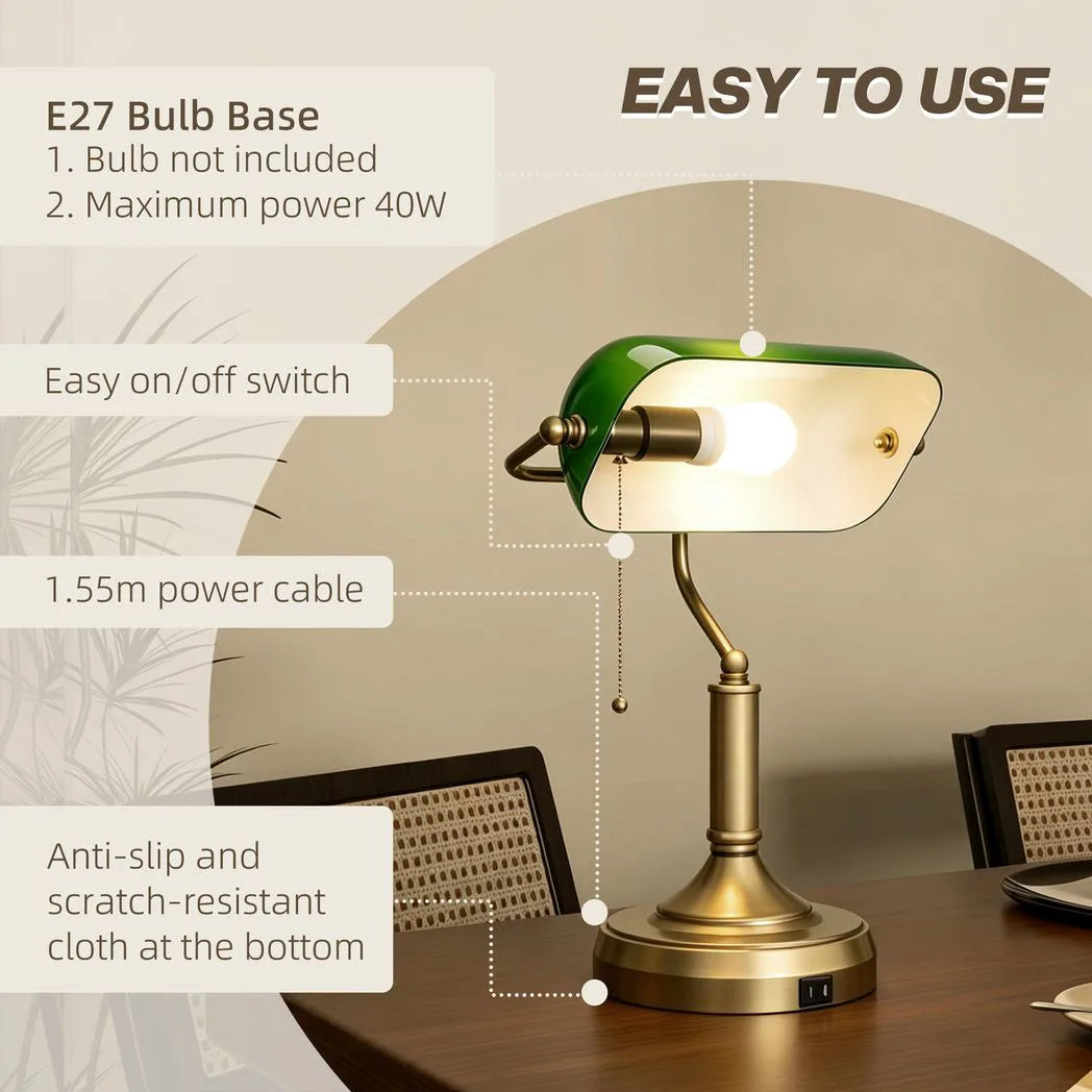 HOMCOM Banker's Desk Lamp with USB-A and Type-C Ports, Pull Rope Switch – Bronze-Tone Base, Green Shade