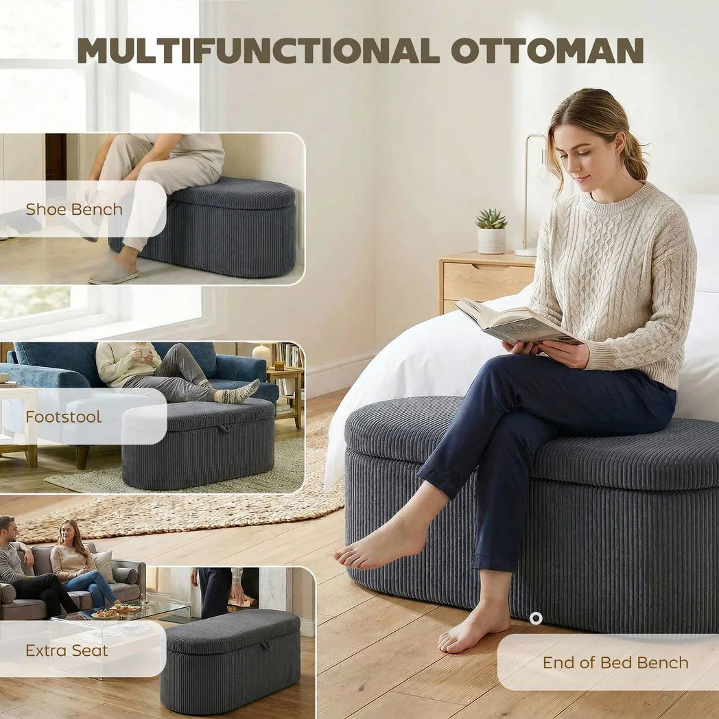 HOMCOM Corduroy Storage Ottoman Bench with Padded Seat and Hidden Storage – Living Room and Bedroom Seating, Dark Grey