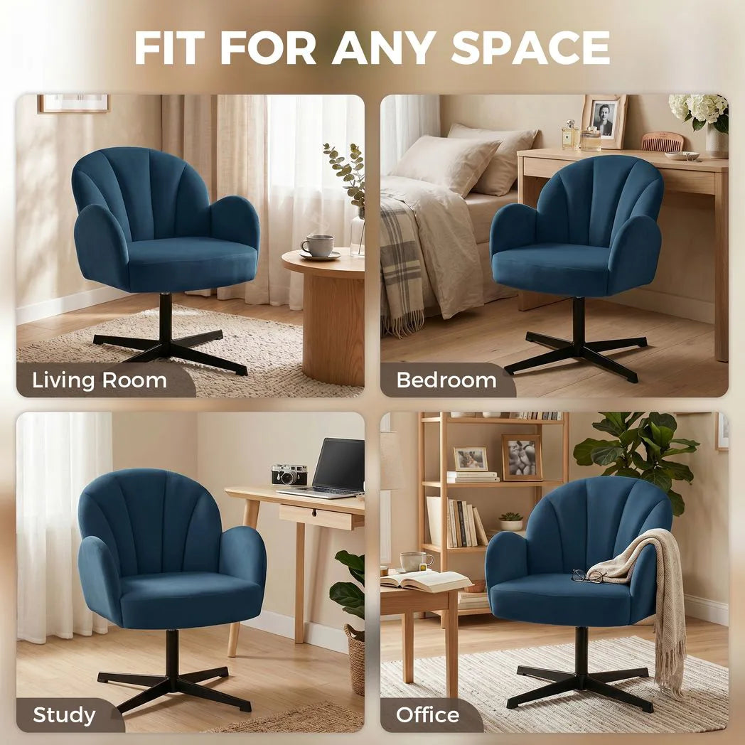 HOMCOM Swivel Accent Chair with Shell Back, Spring Cushion and Metal Base – Velvet-Feel Armchair, Dark Blue
