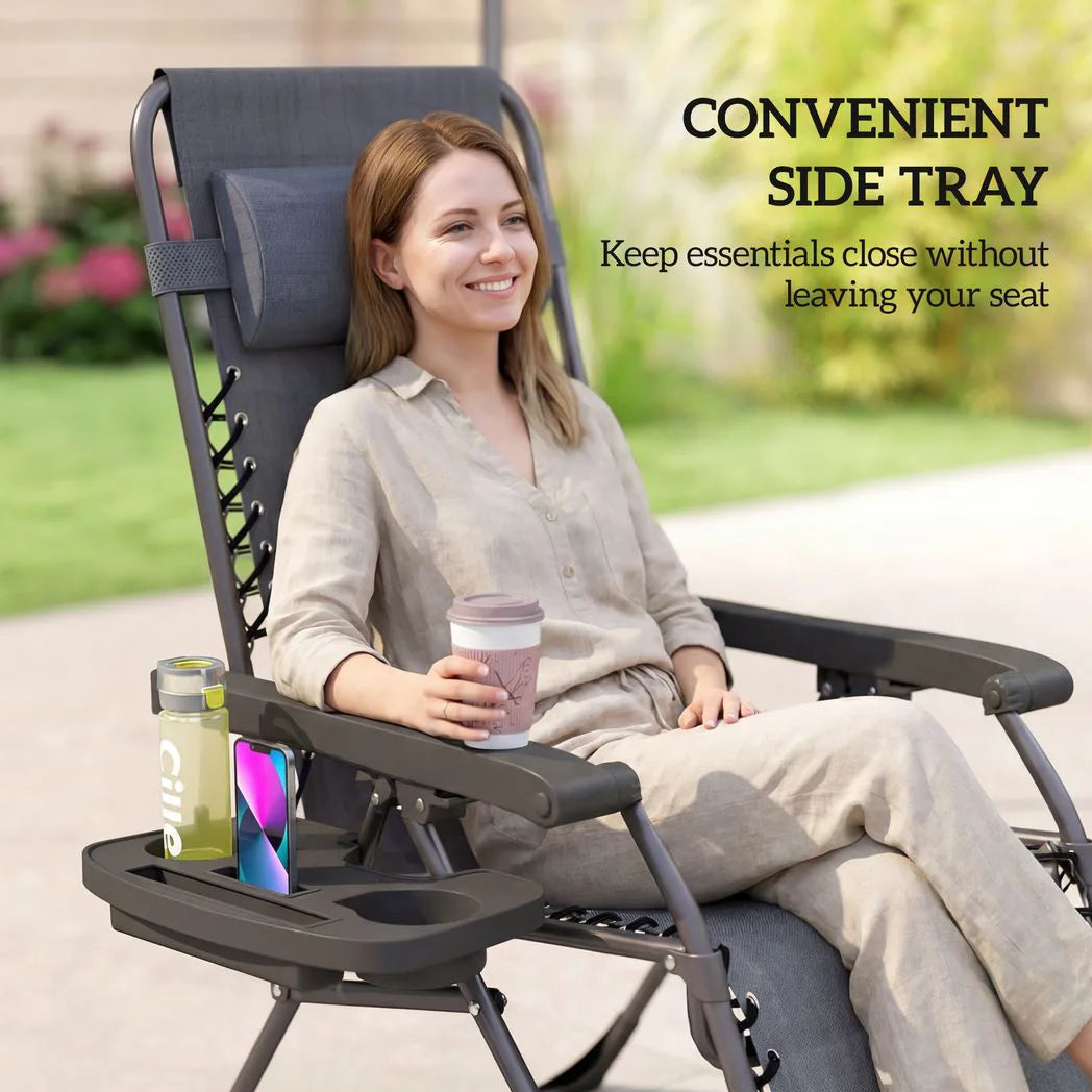 Outsunny Set of 2 Zero Gravity Chairs with Cup Holder and Headrest – Folding Reclining Garden Loungers, Grey